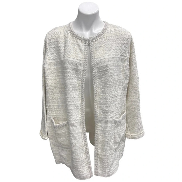 Talbots Woman Petites Ivory Metallic Stripe Textured
Knit Open Front Cardigan - Picture 1 of 11